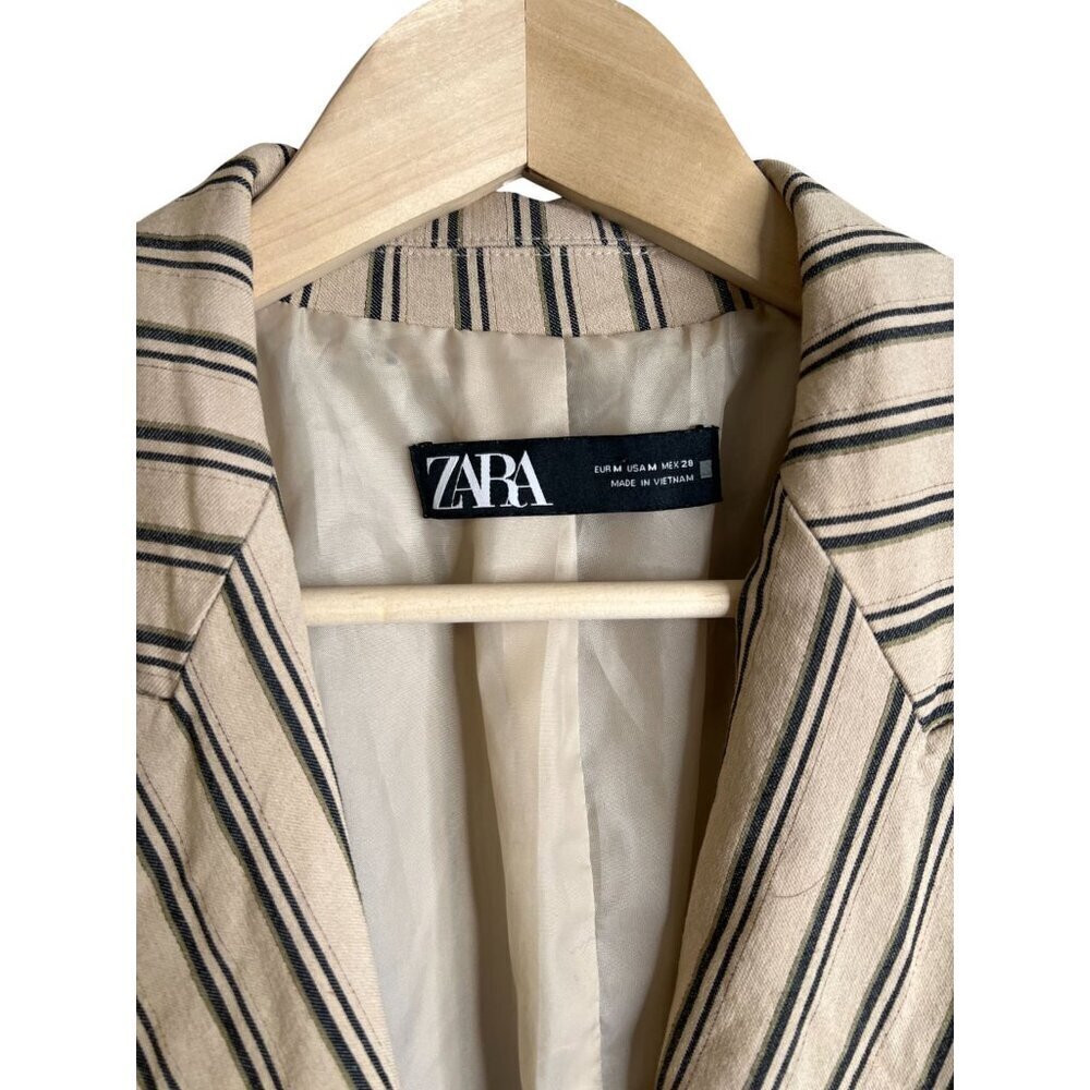 Zara Stripped Blazer Dress Jacket Double Breasted Size M Beige - Picture 2 of 6